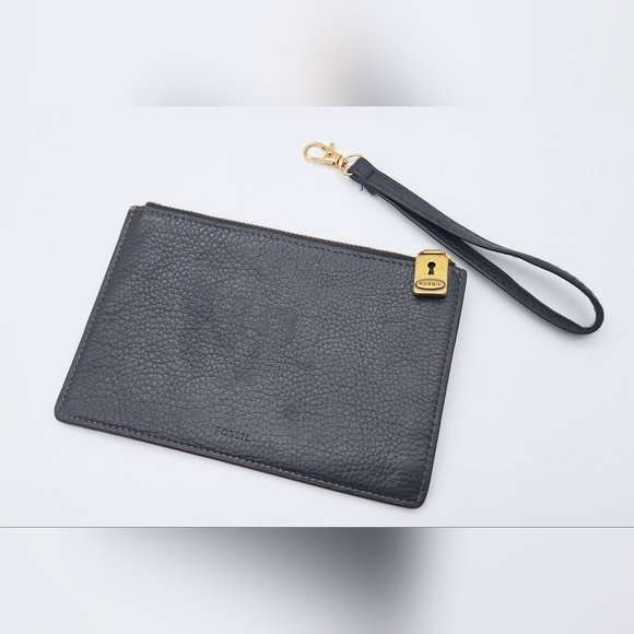 Fossil Black Leather Pouch Wristlet with Gold Padlock Charm - Picture 4 of 7